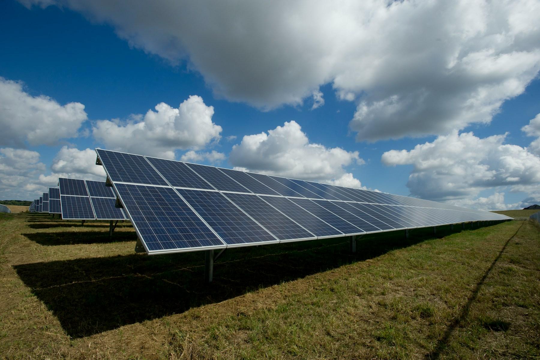 Rows of photovoltaic panels at a utility-scale solar installation